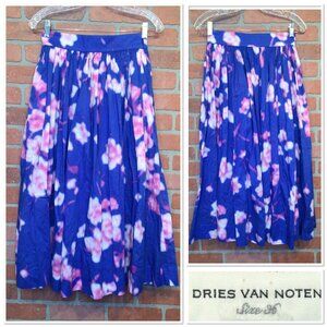 Dries Van Noten Womens Pleated A-Line Skirt Size 36 Small Blue & Pink Floral